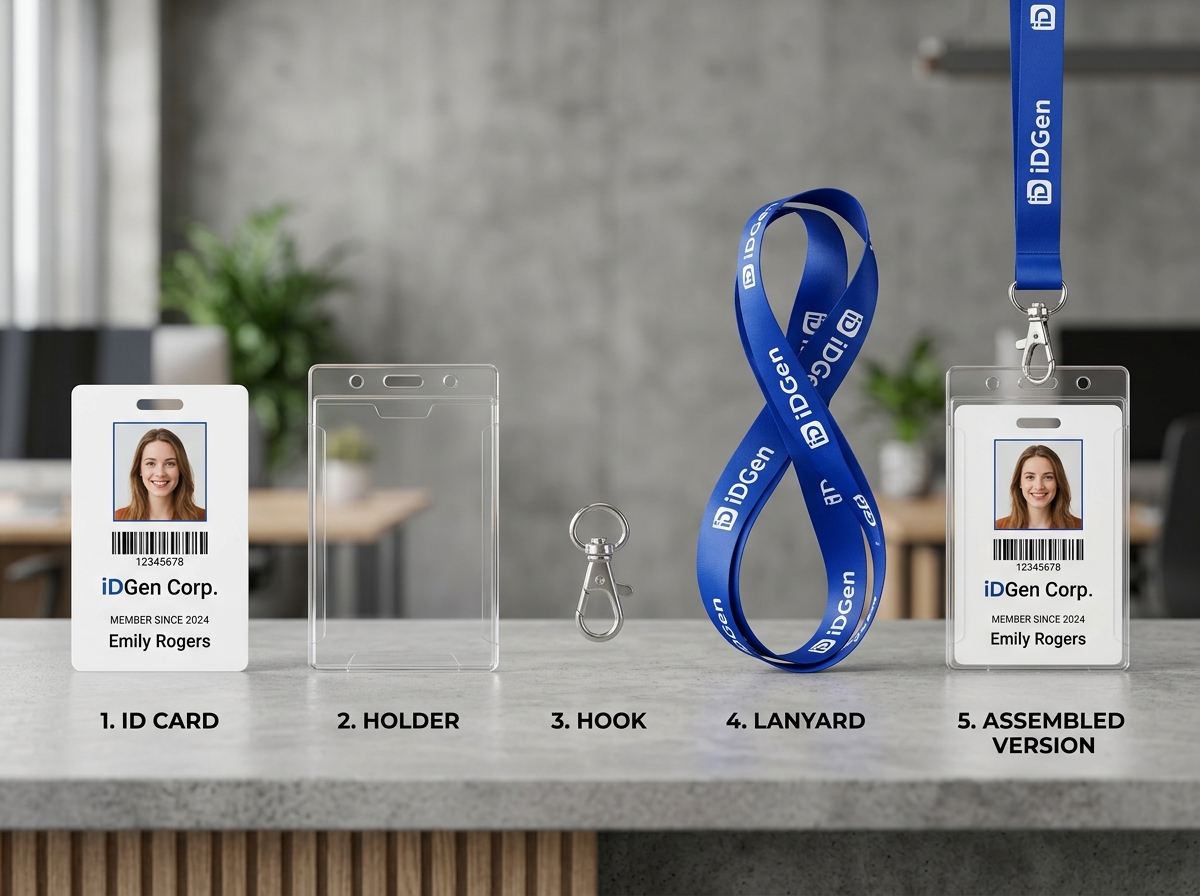 Complete ID card identification set breakdown: ID Card, Holder, Hook, Lanyard, and Assembled Set