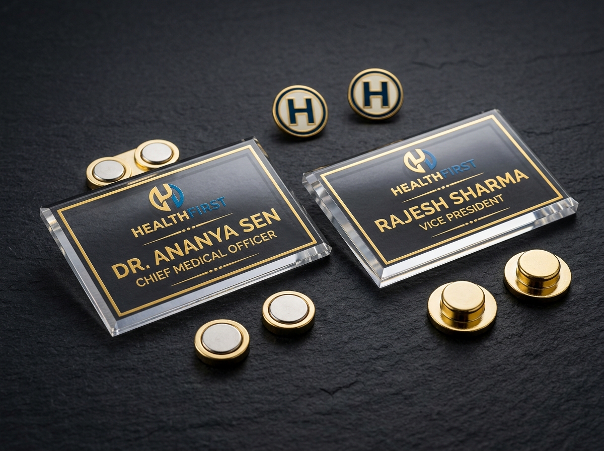 Laser-Cut Crystal Acrylic Name Badges with Magnetic Backing