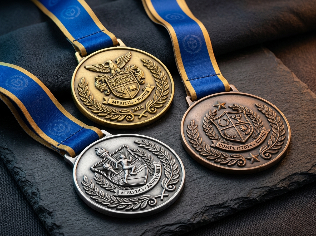 3D Die-Cast Zinc Medals in Antique Gold, Silver and Bronze with Satin Ribbons