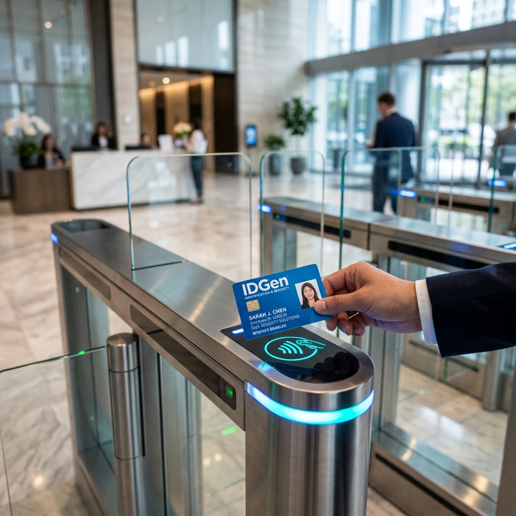 IDGen RFID smart card tapping against high-speed corporate turnstile access reader