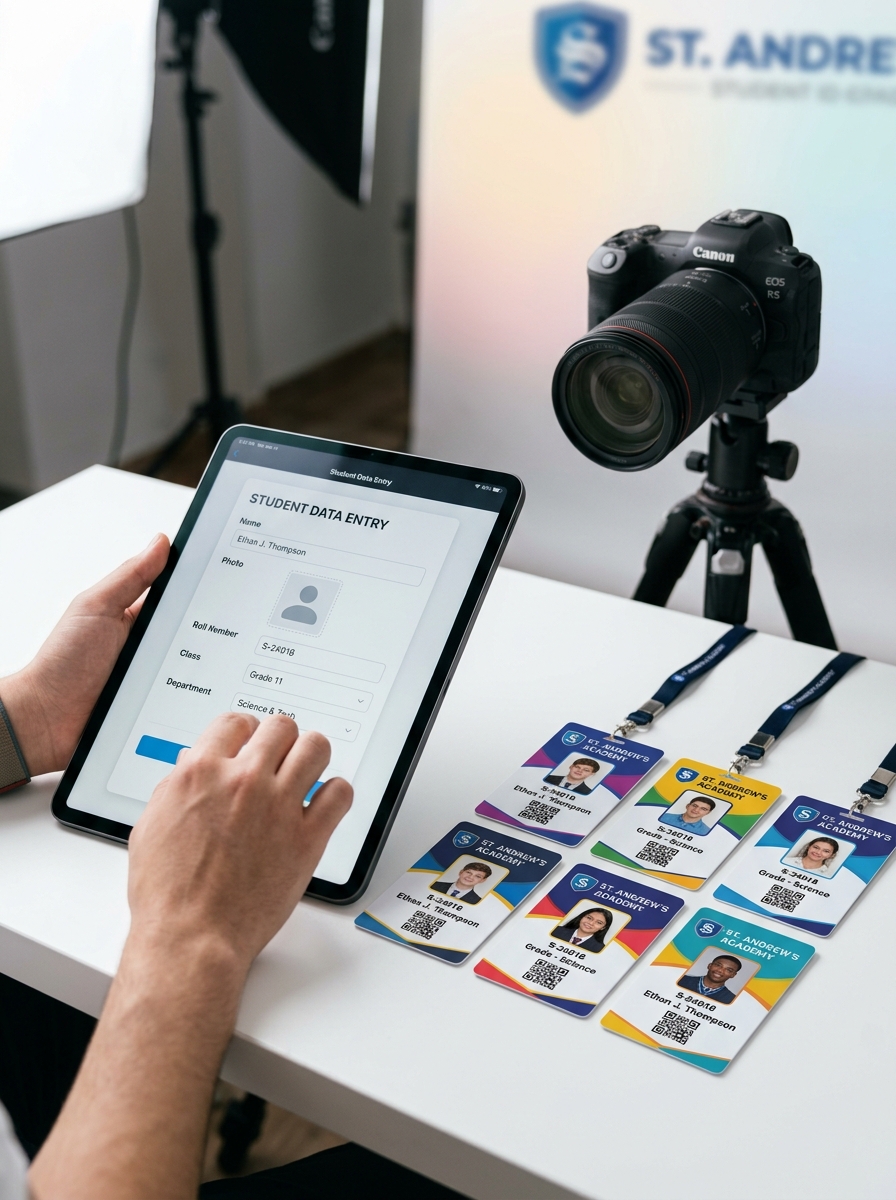 Student ID card data collection workflow — tablet with data entry form and printed student ID cards with camera