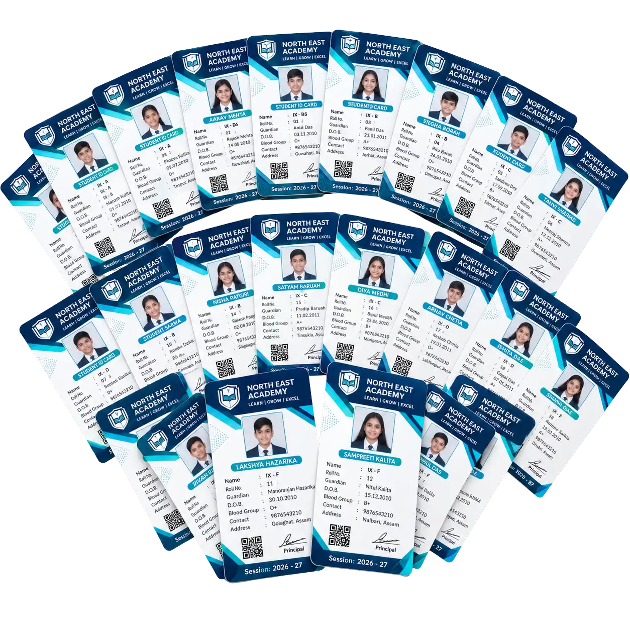High-volume bulk PVC ID cards batch production with variable data and barcodes printed by iDGen