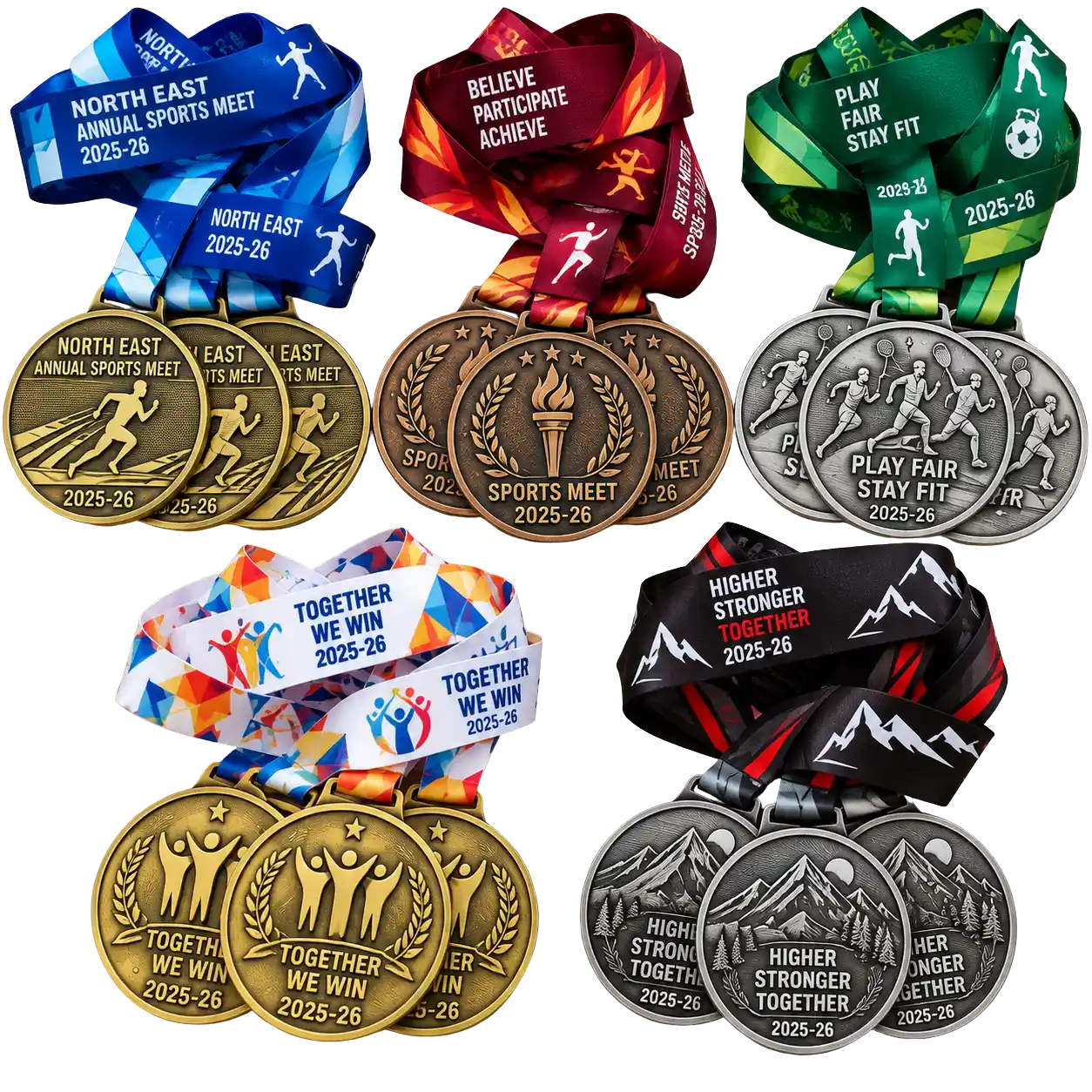3D Die-Cast Zinc Medals in Antique Gold, Silver and Bronze with Satin Ribbons
